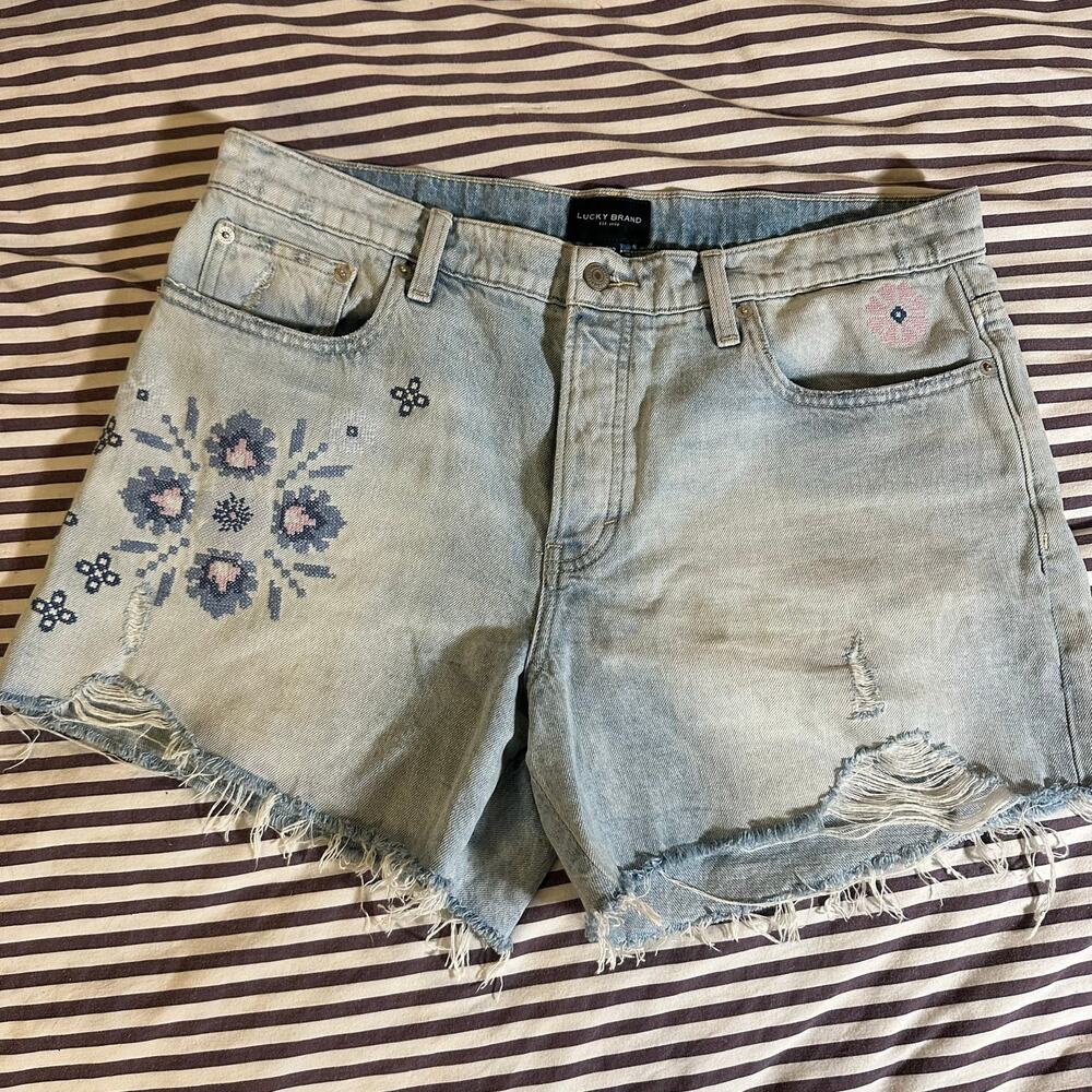 Lucky Brand Embroidered Hemp Blend Denim Shorts 14/32 Boho Floral